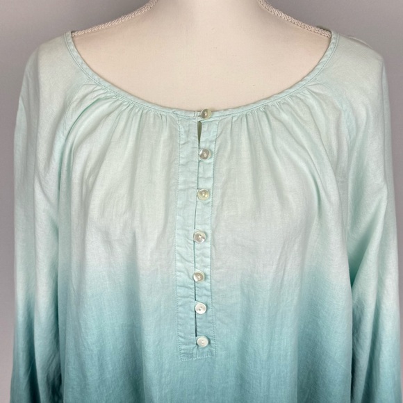 J. Jill Pure Jill Dip Dyed Peasant Style Blouse Linen Blend Ombré Teal 2X Beachy - Picture 3 of 8